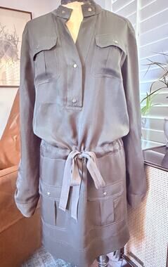 DVF Diane von Furstenberg Olive Cupro Utility Shirt Dress Cargo Pockets Sz 4